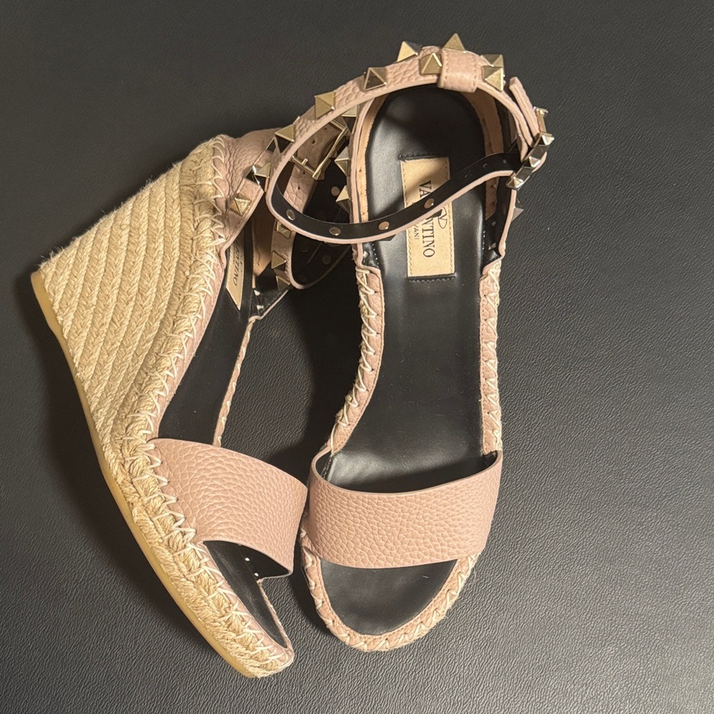 Valentino Blush Rockstud Espadrille Wedge Sandals